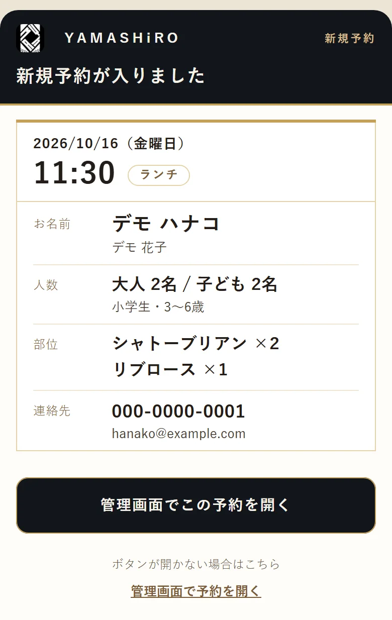店舗宛ての新規予約通知メール：日時、お名前、人数とお子さまの年齢、部位、連絡先